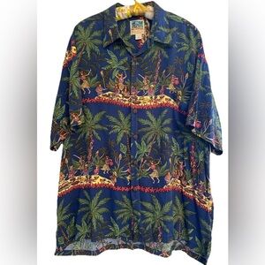 Ron Anderson Kahala Hawaiian Luau Palm Tree Wood Button Shirt Men XL Y2K Vtg USA